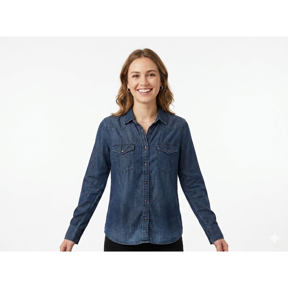 Lucky Brand Western Shirt Womens Small S Dark Wash Denim Chambray Lyocell Snap